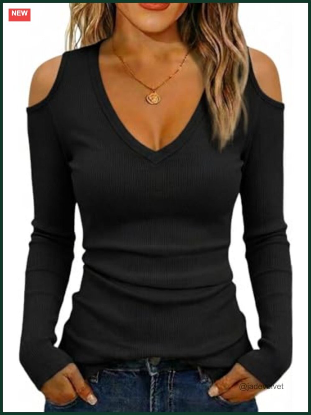 Women V Neck Cold Shoulder Top Long Sleeve Slim Fit Ribbed